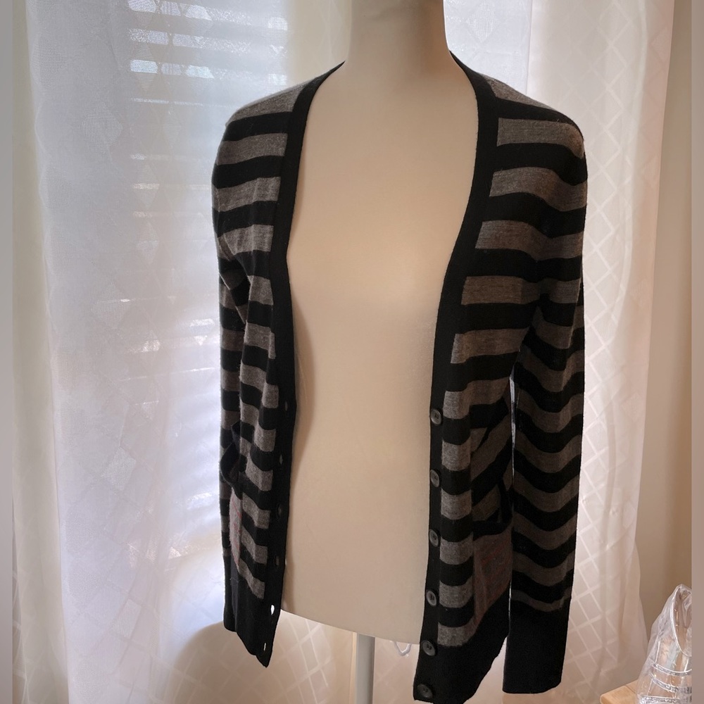 Halogen merino wool cardigan, black/grey/red stripe, size s